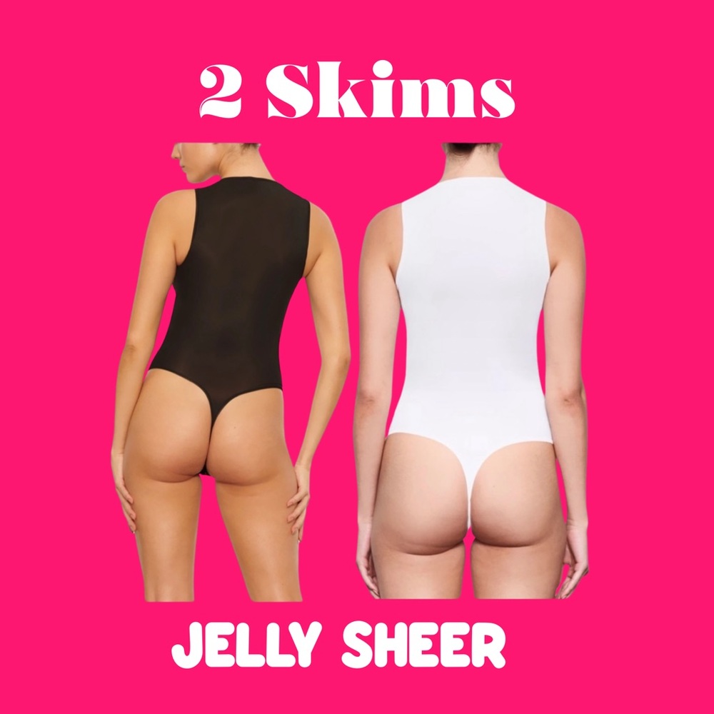 SKIMS  Jelly Sheer Crew Neck Thong Bodysuit black is nwt, creamy white worn once - Picture 2 of 3